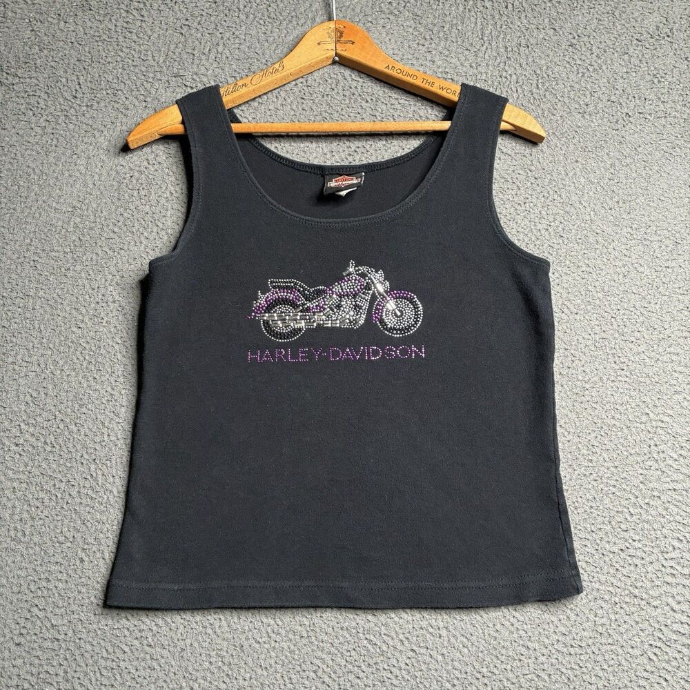 Vintage Harley Davidson Motorcycles Black Sequin Crop Tank Top Vest Size Large